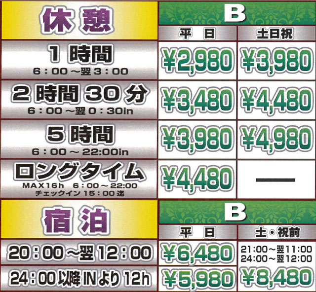 料金表Bタイプ